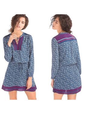 GAP 100% Rayon Crepe Floral Mini Dress Tie Neckline Tie Elasticized Waist Sz S